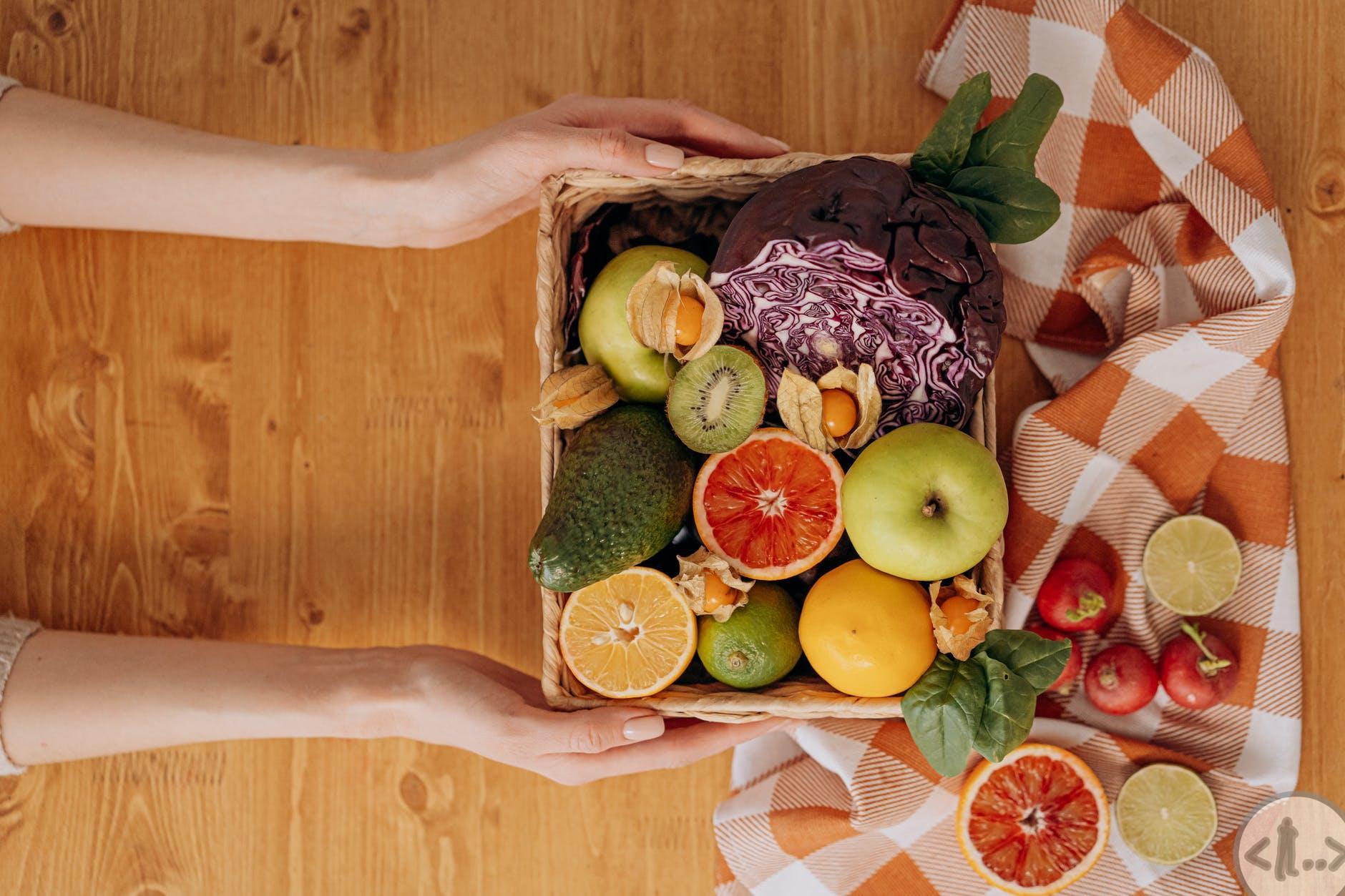 person holding a basket of fruits