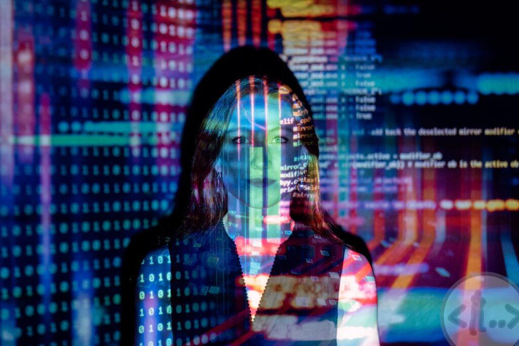 photo of code projected over woman