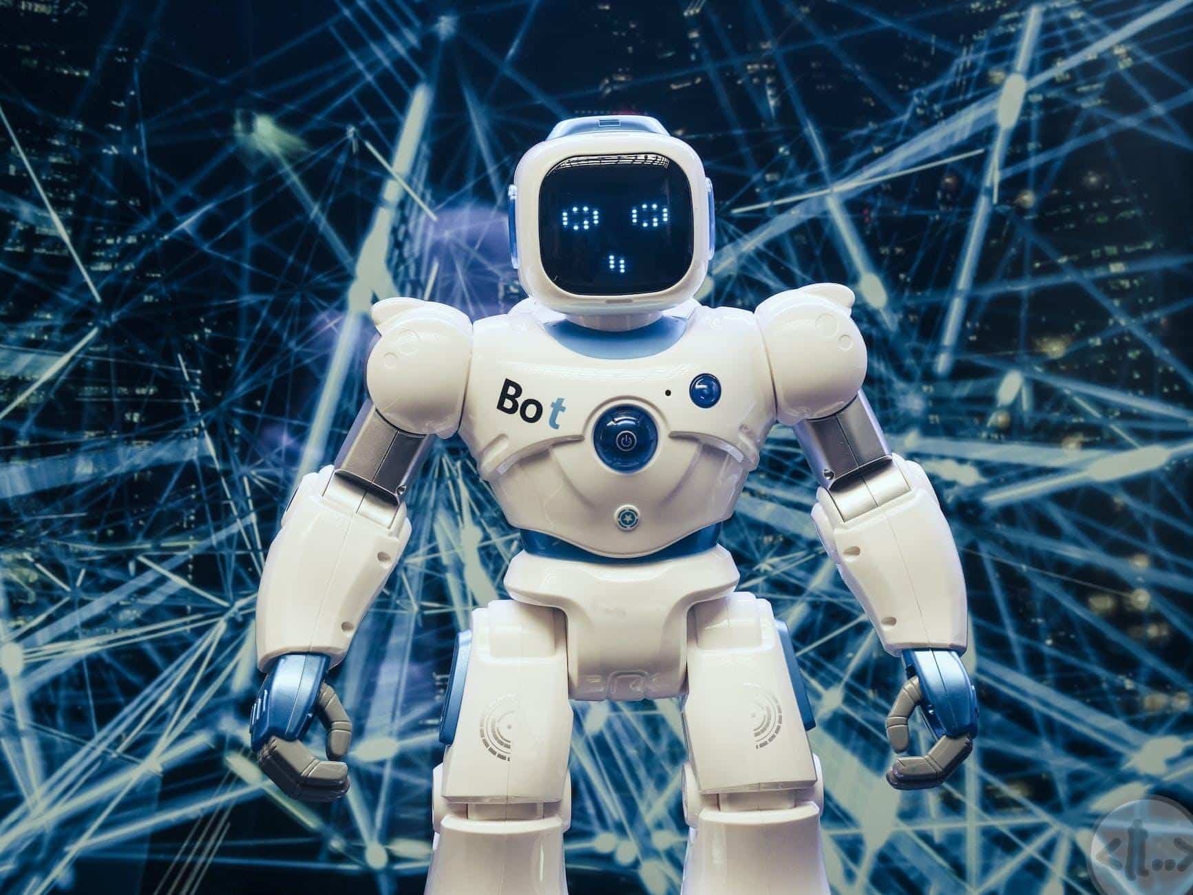 white and blue robot figure