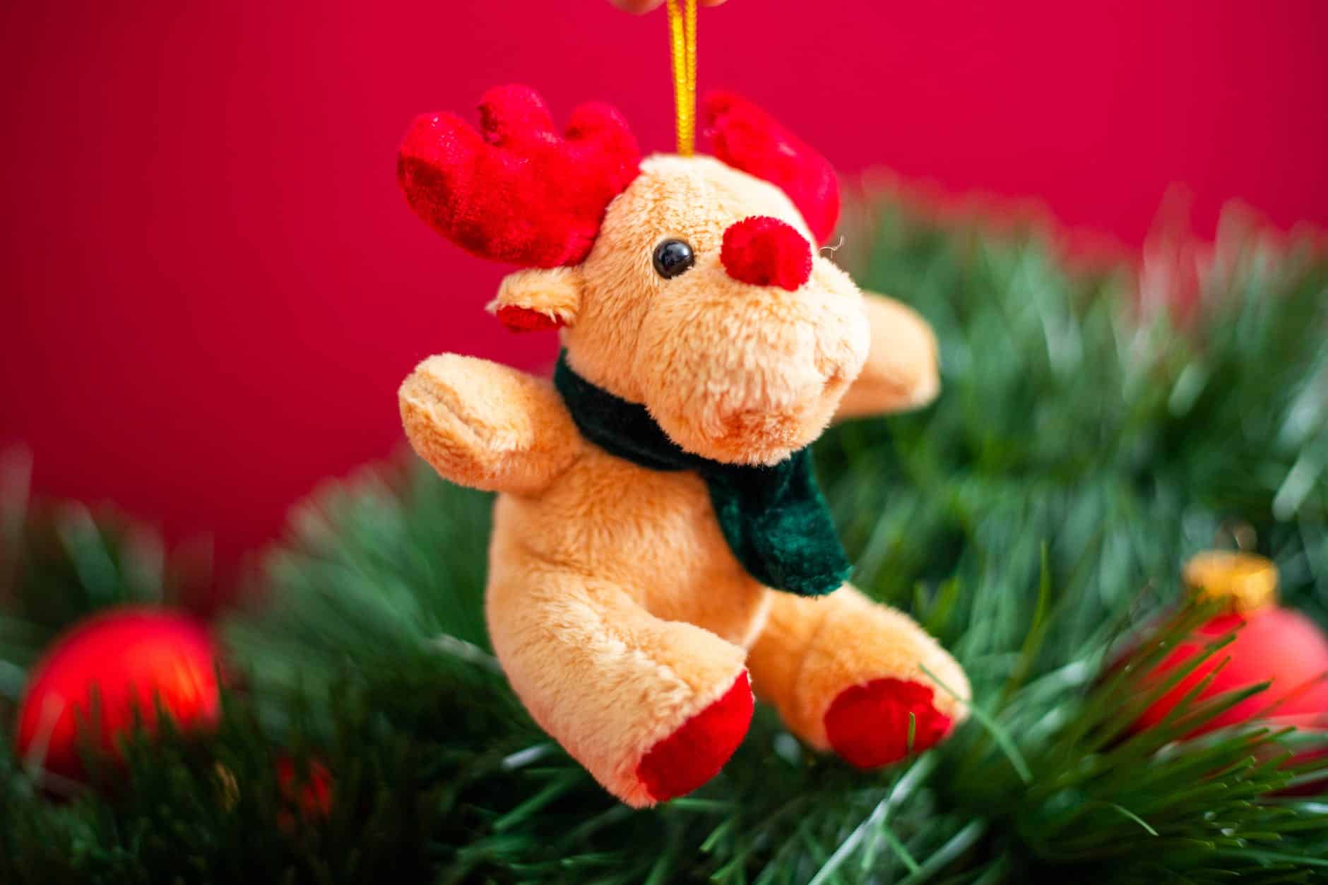 close up photo of a reindeer stuffed toy